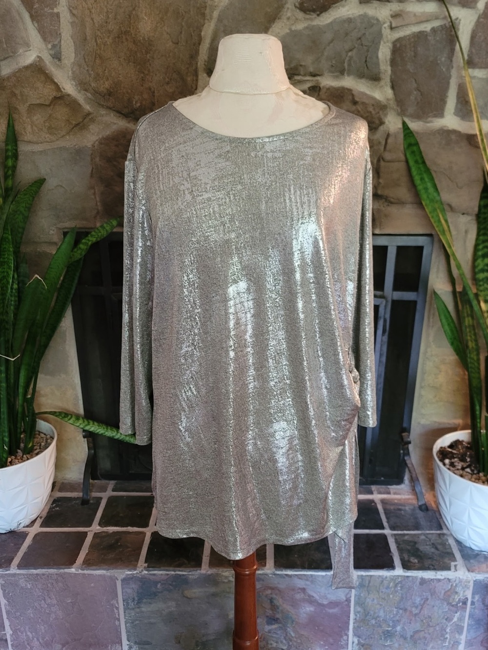 Lane Bryant Silver Metallic Tunic Top Sz 18/20 Long Sleeve Side Tie Plus Sparkle